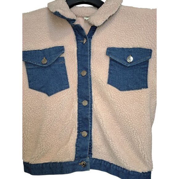 Jolie & Joy Girls L Sherpa Denim Jacket Pink Fleece Button Front Jean Trim Cozy - Picture 3 of 6